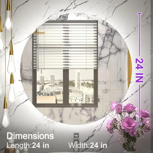 Vista 6 de Espejo LED para baño de 24 pulgadas, 3 temperaturas de color (3000K/4500K/6000K), retroiluminación regulable, antivaho, vidrio HD de 5MM, CRI 90+
