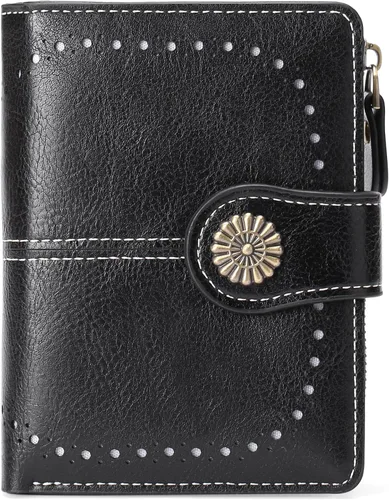 Vista 10 de Cartera pequeña para mujer, de piel, plegable, compacta, con bloqueo RFID, con bolsillo con cremallera para monedas, A01 Rojo Vino, Classic