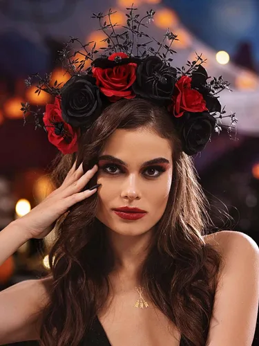 Vista 3 de Woeoe Diadema de Halloween FLower con diseño de araña, Día de los Muertos, diseño floral, para disfraz de murciélago y fiesta para mujeres y niñas