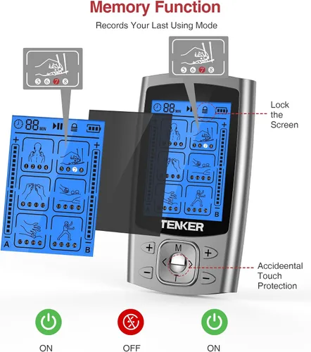 Vista 6 de TENKER Estimulador muscular EMS TENS, 24 modos, masajeador electrónico de pulso de doble canal para alivio del dolor/manejo y fuerza muscular