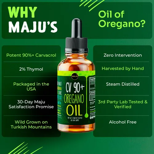 Vista 5 de Maju Superfoods Gotas de Aceite de Orégano, Potente 90%+ Carvacrol (1 fl Oz) Aceite Esencial Líquido de Orégano Mediterráneo Silvestre, Aceite