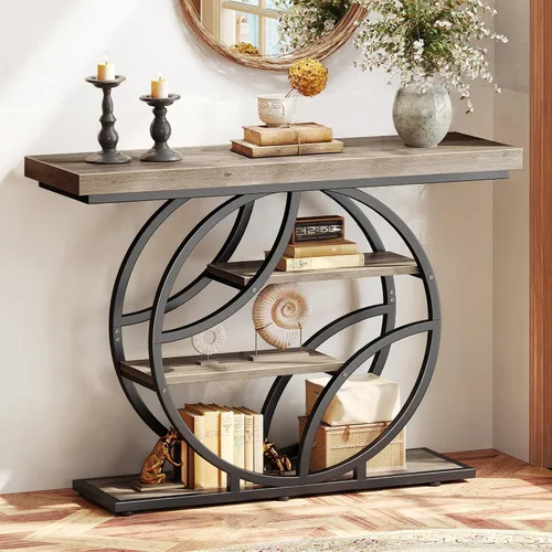 Vista 10 de Huuger Mesa de entrada de 41.3 pulgadas, mesa de sofá industrial con consola y almacenamiento, mesa de acento con estantes, para entrada, pasillo