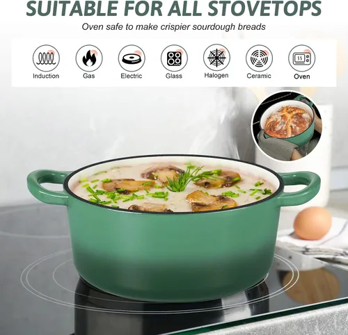 Vista 4 de TeamFar Horno holandés de hierro fundido esmaltado, olla pequeña de 3 cuartos de galón con tapa, olla de hierro fundido resistente para hornear pan
