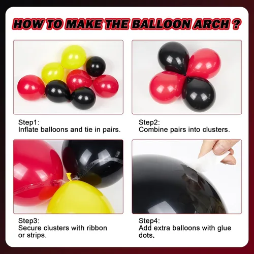 Vista 3 de Kit de arco de globos de auto de carreras de 132 piezas, decoraciones de fiesta con globos rojos, negros y amarillos, globos de rueda a cuadros