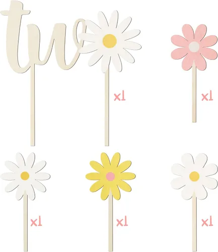 Vista 3 de Decoración de madera para tartas de dos – 5 piezas de margaritas de madera de dos años de edad, fabuloso inserto para cupcakes, decoración