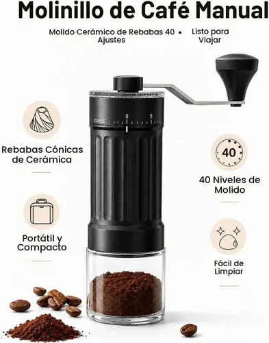 Vista 2 de Molinillo de café manual con rebabas de cerámica, 40 ajustes ajustables para expreso, V60, verter, campamento y viajes