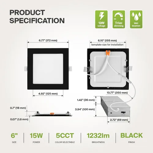 Vista 16 de ASD Paquete de 6 luces LED empotrables cuadradas de 6 pulgadas, 5 CCT 2700K-5000K CRI90+, 15 W 60 W Eqv, luces de techo ultra finas y regulables