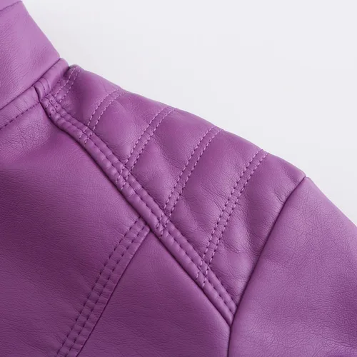 Vista 5 de DEAR MODEL Chaqueta de cuero sintético para mujer, chaqueta de motocicleta con cinturón, morado, XL