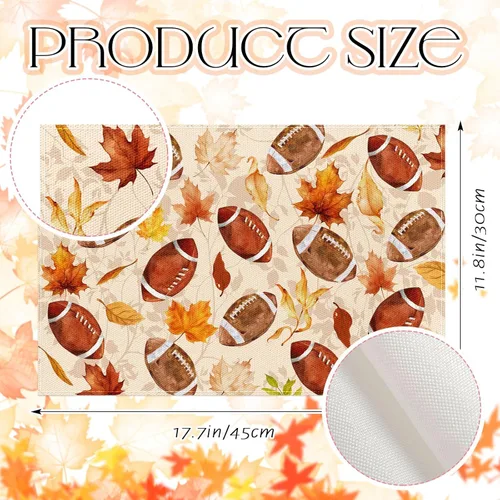 Vista 2 de Cumule Juego de 6 manteles individuales de otoño con hojas de arce de rugby y fútbol de 12x18 pulgadas, manteles individuales de Acción de Gracias