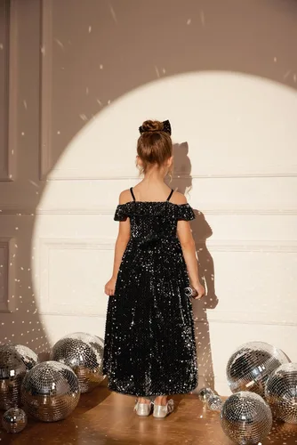 Vista 3 de GRACE KARIN Vestido de niña con hombros descubiertos y lentejuelas brillantes con nudo de lazo, 6-12 años