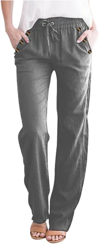 Vista 8 de Casual Pants for Women Summer Solid Color Drawstring Elastic Waist Pants Baggy Straight Leg Long Trouser with Pocket