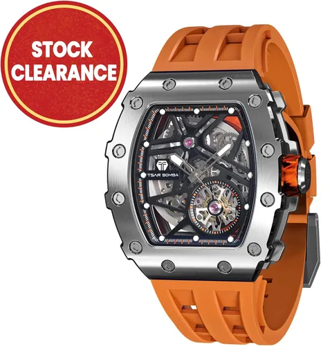 Vista 2 de TSAR BOMBA Reloj automático de lujo para hombre, forma tonneau, esqueleto, mecánico, 50 m, impermeable, analógico, relojes únicos, plateados