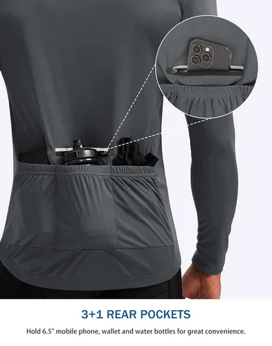 Vista 3 de Bikewa - Camiseta de ciclismo para hombre de manga larga con cremallera trasera 3+1, transpirable, UPF 50+, con media cremallera, para montar