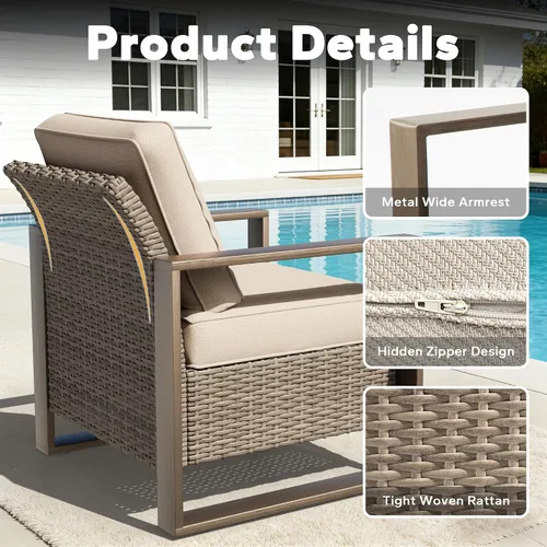 Vista 3 de Sofá de Mimbre Metálico para Patio de 75", Sofá Sillón de Ratán para Exteriores de 3 Asientos para Todo Tipo de Clima con Cojines Premium
