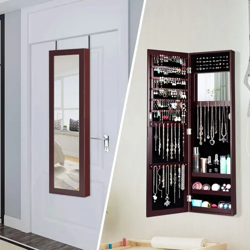 Vista 2 de Giantex Armario de joyería montado en la puerta con espejo de longitud completa organizador de joyas con espejo de maquillaje ranuras