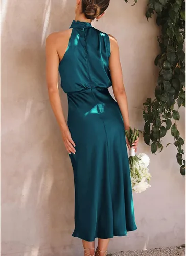 Vista 4 de Bydezcon Women Satin Cocktail Dress Date Night Dresses Long Satin Dress Mock Neck Wedding Guest Party Formal Prom Dress