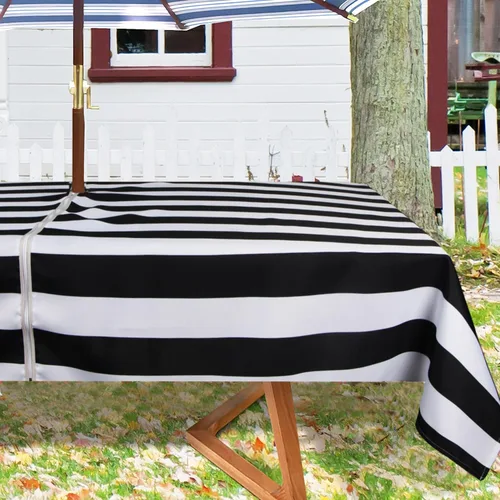 Vista 2 de Stripe Outdoor Tablecloth Water Resistant Polyester Fabric Table Cover with Zipper Umbrella Hole for Garden Patio Tabletop 60x84inch Rectangle,Black