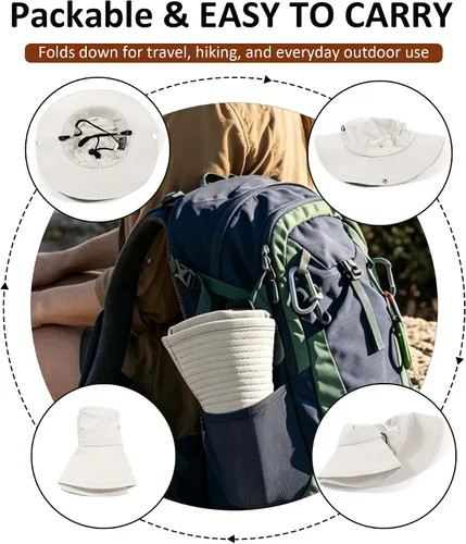Vista 4 de Sombrero de sol para mujer con agujero para cola de caballo, ala ancha, UPF 50+, impermeable, plegable, con correa para la barbilla, para Blanco