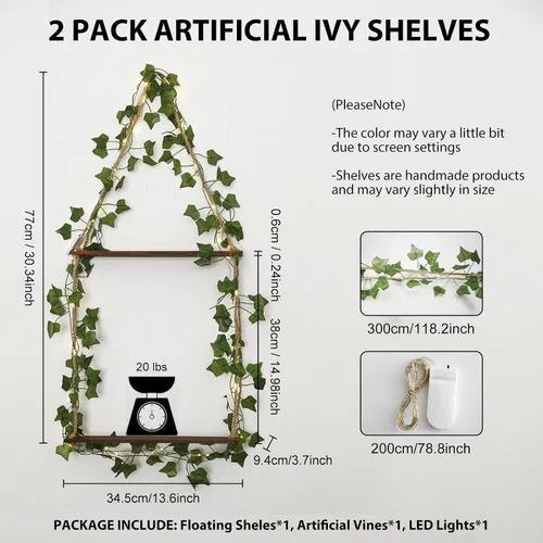 Vista 2 de Artilady Estante colgante de pared de macramé con luz de hiedra artificial para almacenamiento Estantes de madera ajustables de 2 niveles