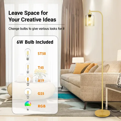 Vista 7 de Lámpara de pie dorada, lámpara de pie con pantalla de cristal, bombilla LED de 6 W incluida, lámpara de pie moderna con interruptor de pie, lámpara