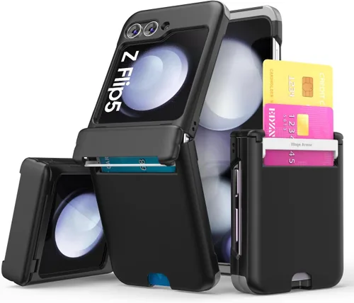 Vista 2 de para Galaxy Z Flip 5 Funda con 2 ranuras para tarjetas, funda rígida delgada y resistente con protección de bisagra, funda completa con protección