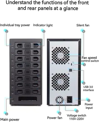 Vista 8 de IO CREST Caja de disco duro compatible con múltiples bahías a través de interfaz USB, negro, 8 bahías