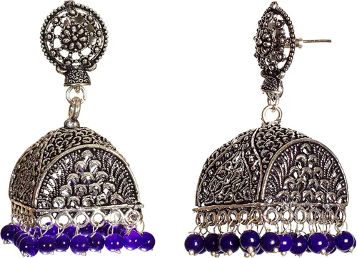 Vista 2 de DESI HAWKER Pendientes de plata oxidada Bali Jhumki Jhumka joyería Bollywood gota colgante candelabro floral Big Doli NI-29