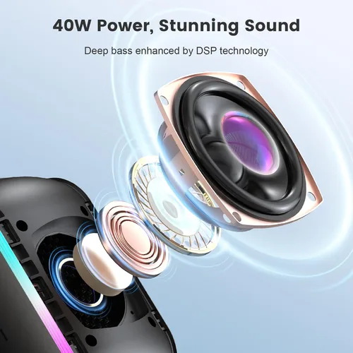 Vista 2 de Altavoz Bluetooth, inalámbrico portátil de 40 W con graves estéreo, Bluetooth 5.3, altavoces de ducha impermeables IPX6, luces LED, emparejamiento