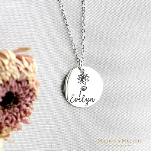 Vista 6 de MignonandMignon Regalo personalizado de oro para ella, collar de flores de nacimiento, collar con nombre, joyería de flores, ramo floral, regalo