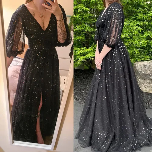 Vista 4 de Vestido de fiesta largo de tul estrellado brillante con mangas abullonadas y cuello en V con abertura, vestido de fiesta formal con bolsillos