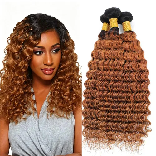 Vista 140 de P4613 Cabello humano rizado onda profunda marrón y paquetes mixtos 8 10 12 P4613 Ombre Marrón-Rubio-DP