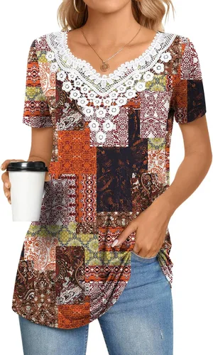 Vista 2 de CATHY Blusa de verano para mujer, manga corta, cuello en V, encaje de ganchillo, casual, plisada