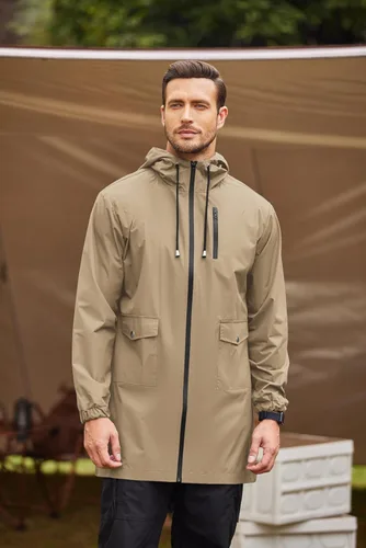 Vista 35 de COOFANDY Chubasquero largo para hombre, chaqueta impermeable para exteriores, con capucha