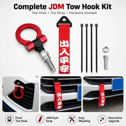 Vista 2 de Gancho de remolque para coche con tornillo de parachoque delantero, ganchos de remolque delanteros con estilo JDM, cuerdas de remolque