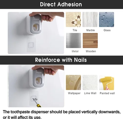 Vista 3 de iHave - Dispensador de pasta de dientes para montaje en pared para baño, exprimidor automático de pasta de dientes (gris)
