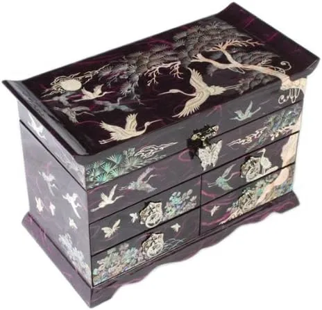 Vista 3 de Madre de Pearl grúa y Pino en diseño de papel de morera Violeta Espejo de Joyería Abalorio De Madera Recuerdo Caja de laca de Asia Tesoro Regalo