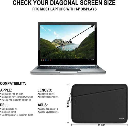Vista 4 de Funda para portátil de 14 pulgadas, resistente al agua, con bolsillo Negro