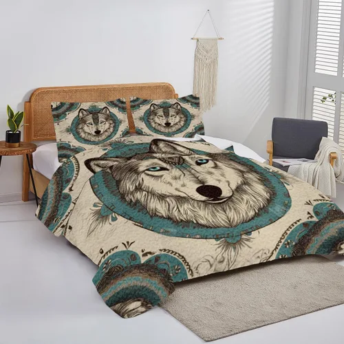 Vista 4 de Edredón de lobo personalizado, diseño nativo de ojos azules, tamaño matrimonial, juego de edredón de tamaño King, decoración para habitación