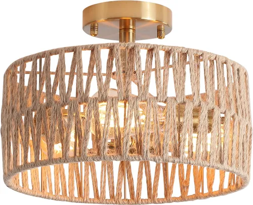 Vista 9 de Accesorio de Lámpara de Techo Empotrada Tejida en Oro Antiguo Costero, Luz de Techo Semi Empotrada Rústica Boho de Cuerda de Cáñamo Latón