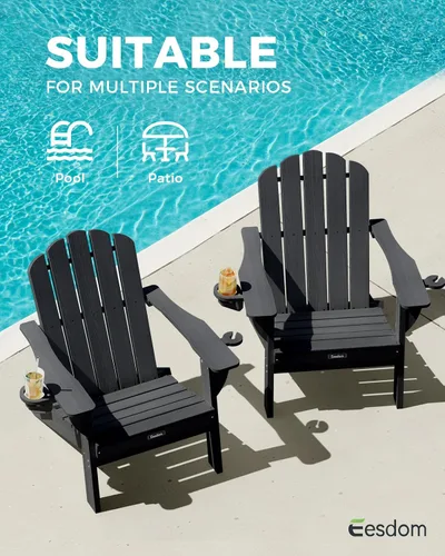 Vista 6 de Silla Adirondack plegable, silla Adirondack de HDPE con 2 soportes para tazas, sillas para fogatas al aire libre de fácil montaje para patio