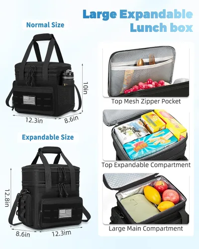 Vista 3 de holuxer Lonchera táctica y almuerzo para hombres - Bolsa grande de doble compartimento expandible con aislamiento para adultos, suave