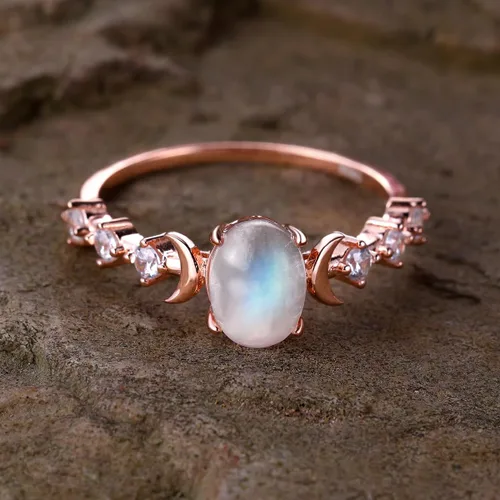 Vista 2 de Anillo de plata de ley con piedra lunar auténtica, anillo de fase lunar ovalada, circonita cúbica, anillo minimalista para mujeres y niñas con caja