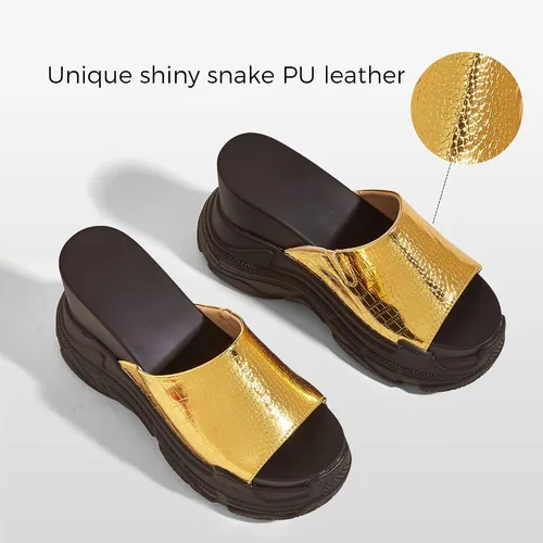 Vista 2 de K KIP WOK Sandalias gruesas de cuña para mujer, tacón grueso, plataforma de verano, sandalias con lentejuelas y puntera abierta, zapatos de piel