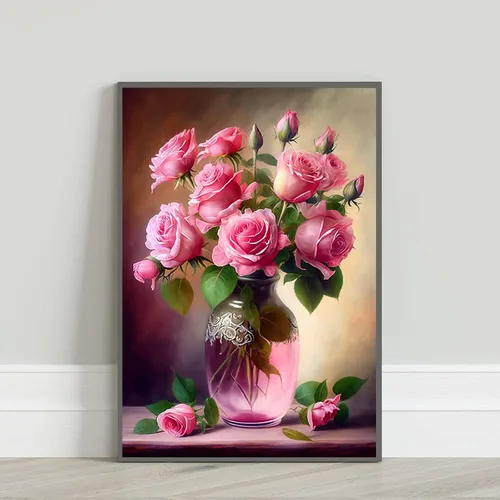 Vista 3 de QAZWSX Kit de pintura de diamante rosa rosa para bricolaje, pintura de diamantes de flores, kits de arte de cristal de diamante redondo completo