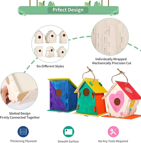 Vista 4 de ILHSTY Paquete de 18 casas de pájaros de madera grandes pintables para niños, manualidades para niños, casas de madera para manualidades, fiestas