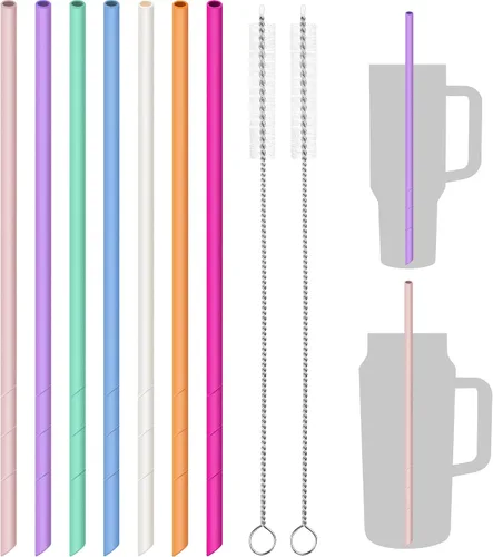 Vista 9 de NiHome Paquete de 7 pajitas de silicona de 14 pulgadas para vasos Stanley y botellas grandes, longitud personalizable, popotes reutilizables