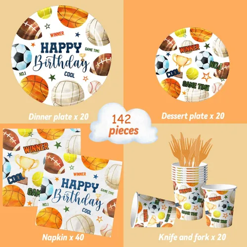 Vista 2 de Juego de 142 platos y servilletas para decoración de fiesta de cumpleaños deportivas, juego de platos y servilletas All Star Baloncesto, Fútbol