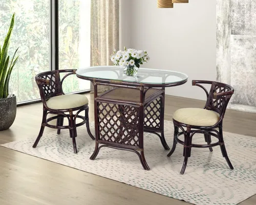 Vista 10 de Borneo - Juego de mesa de comedor compacto con tapa de cristal + 2 sillas, muebles coloniales hechos a mano de mimbre natural