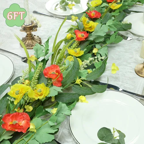 Vista 3 de Guirnalda de verano de 6 pies para decoración, guirnaldas de flores de eucalipto verde de verano para mesa de manto, decoración de boda, enredaderas