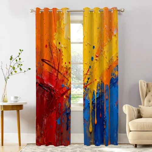 Vista 196 de Shrahala Beige and Orange Abstract Art Brushstrokes Blackout Curtain Tiers, Abstract Oil Paint Kitchen Valance Light Blocking Tier Drapes with Rod